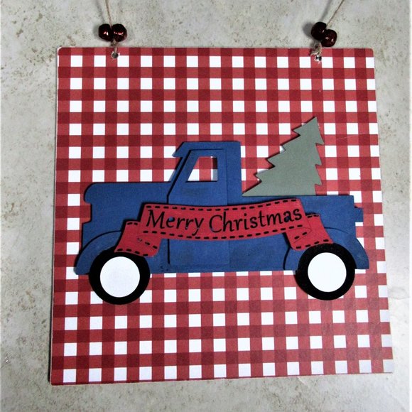 Farmhouse Merry Christmas Truck red white check bells hanging 11 X 11 - Picture 1 of 1